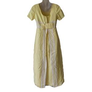 VTG Deadstock 60s ILGWU Yellow Shantung Empire Waist Maxi Dress Lace Trim NOS